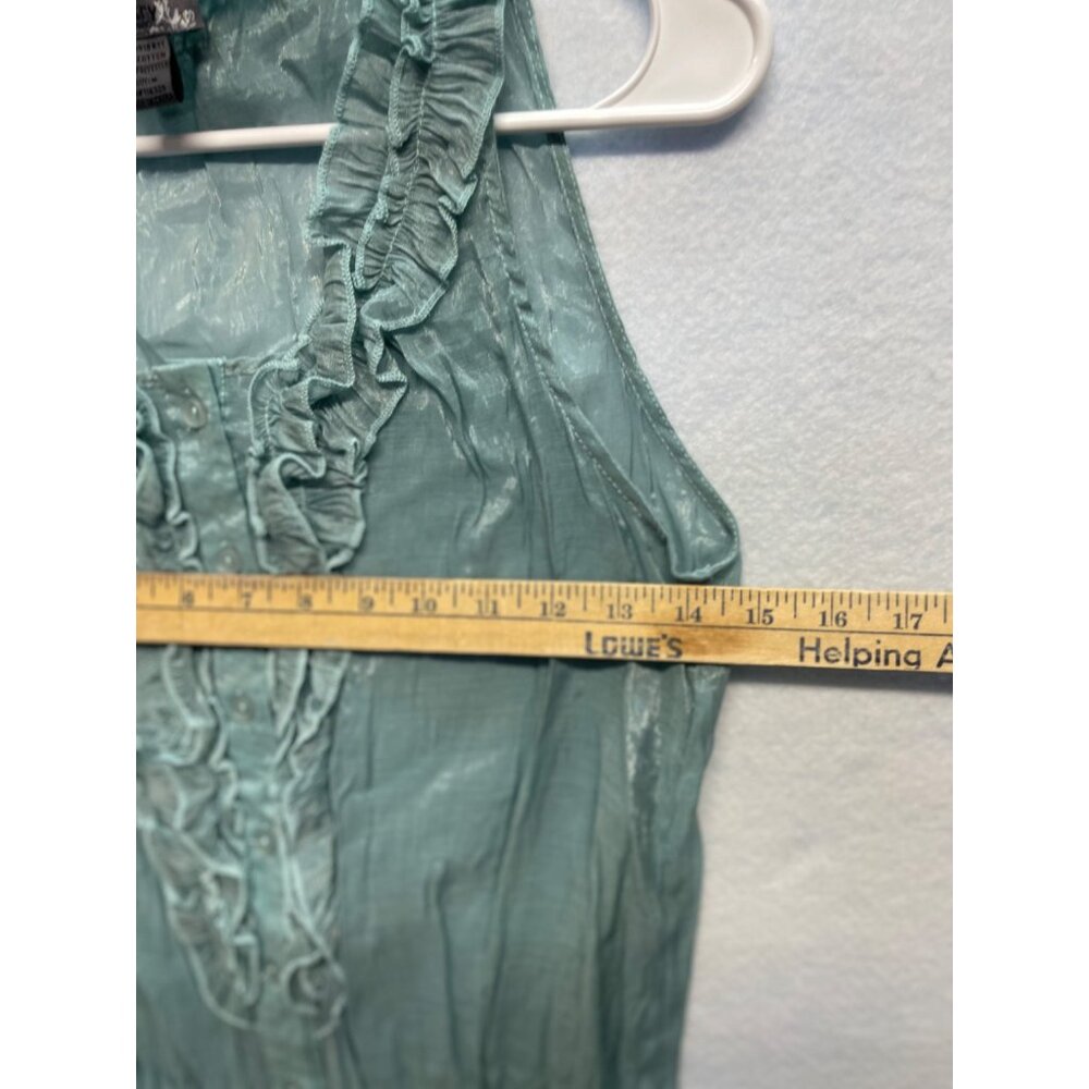 Poetry Clothing Blouse Aqua Blue Ruffle Front Sleeveless Size Medium - Picture 6 of 9